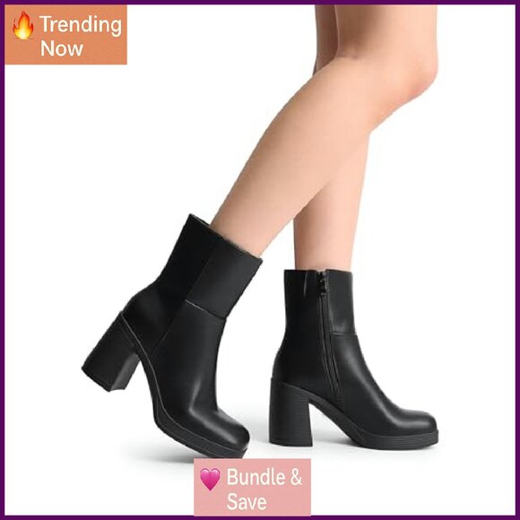 Women's Platform Ankle Boots Chunky Heels Square Toe Side Zipper Party - Picture 3 of 8